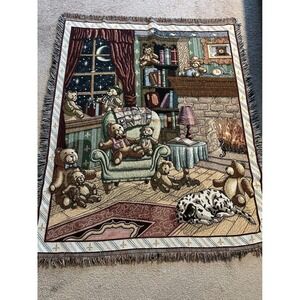 Teddy Bear Tapestry Throw Blanket Fireplace Dogs Woven Cozy Decor 54"x60"